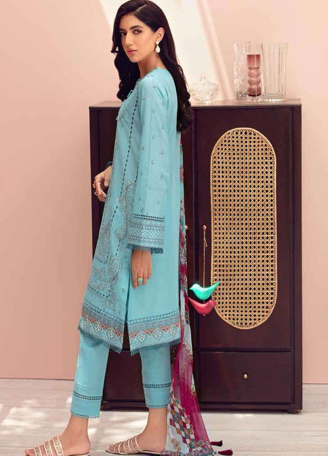 Jazmin Embroidered Lawn Suits Unstitched 3 Piece JZ21IL 10-OCEAN BLUE - Summer Collection