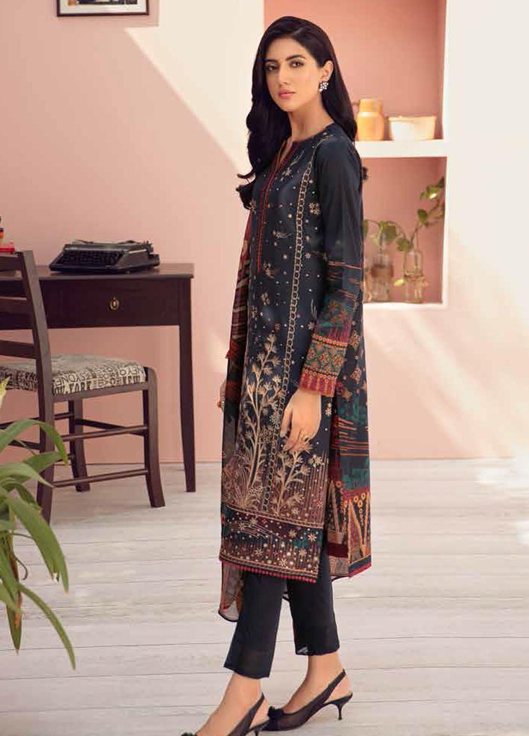 Jazmin Embroidered Lawn Suits Unstitched 3 Piece JZ21IL 11-CHARCOAL SHADOW - Summer Collection