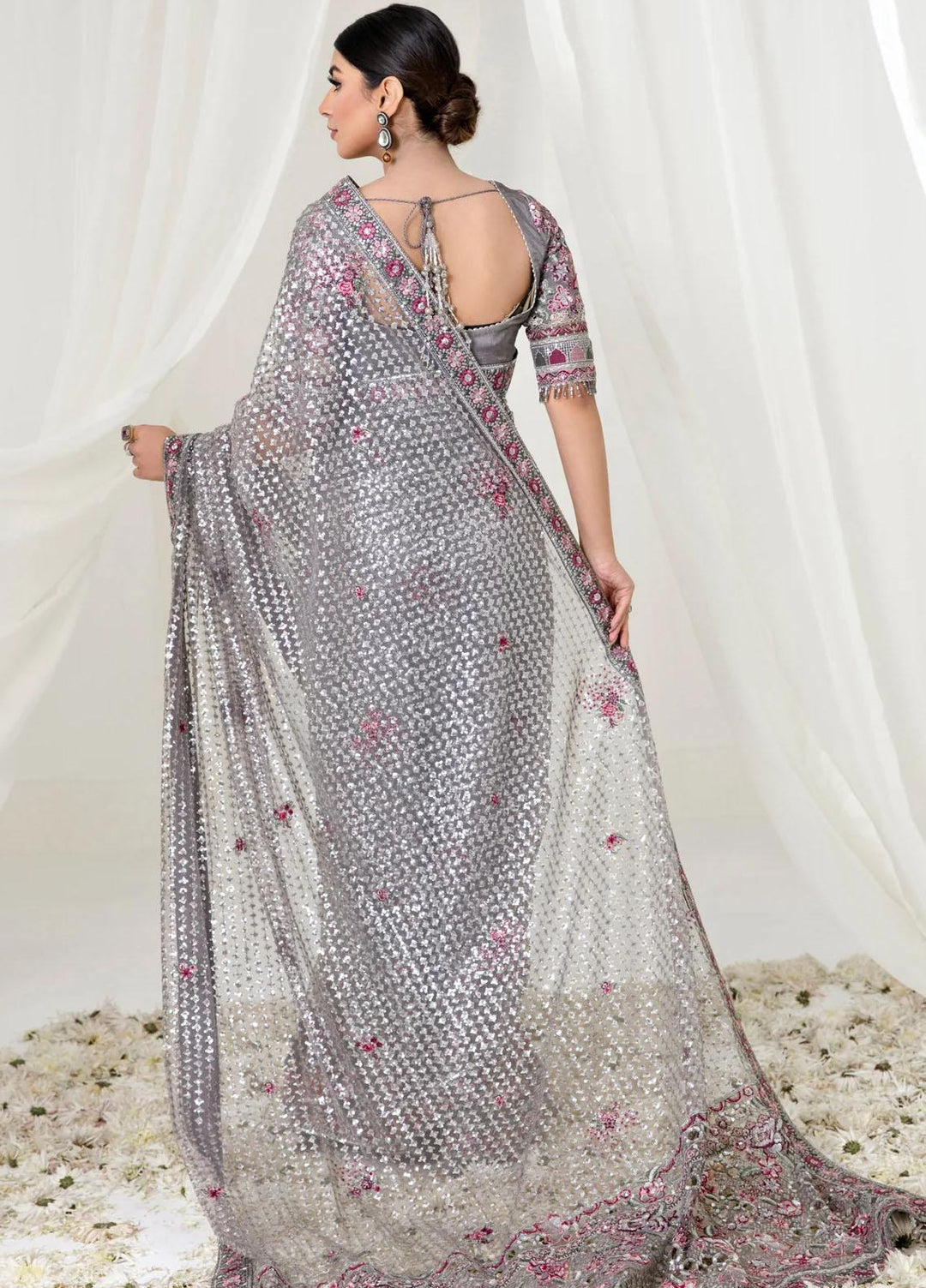 Jazmin Embroidered Net  Unstitched Saree JZ23OE Silver Bush - Formal Collection