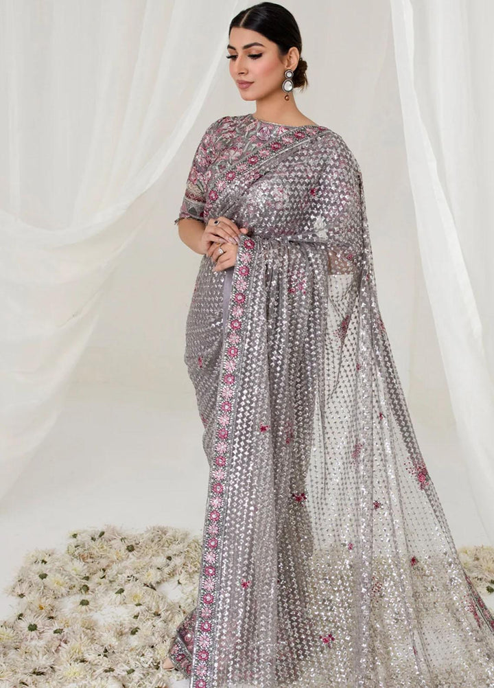 Jazmin Embroidered Net  Unstitched Saree JZ23OE Silver Bush - Formal Collection