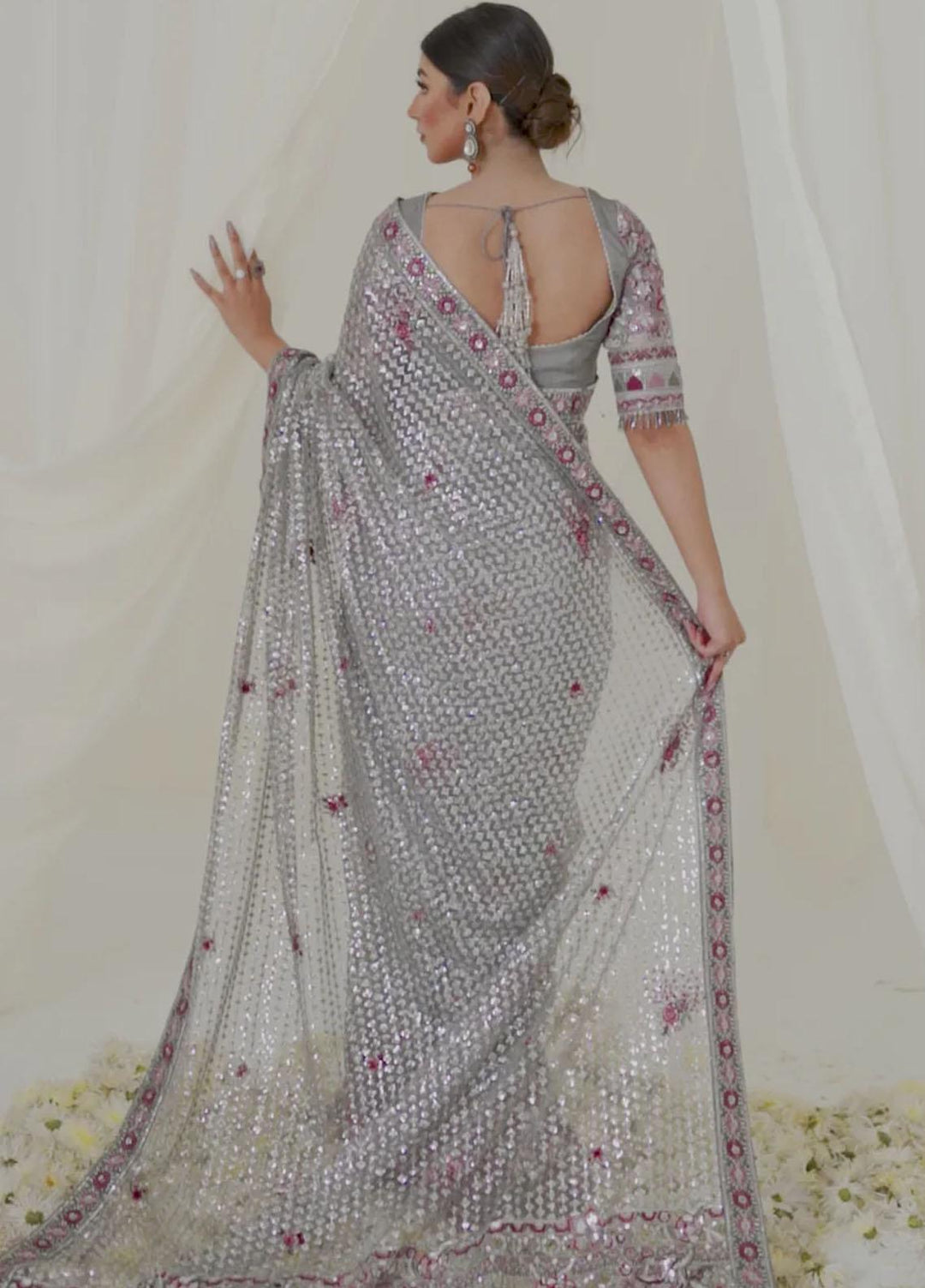 Jazmin Embroidered Net  Unstitched Saree JZ23OE Silver Bush - Formal Collection