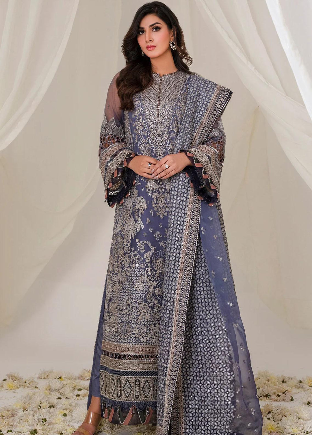 Jazmin Embroidered Net Suits Unstitched 3 Piece JZ23E 03 Geranium - Exclusive Collection