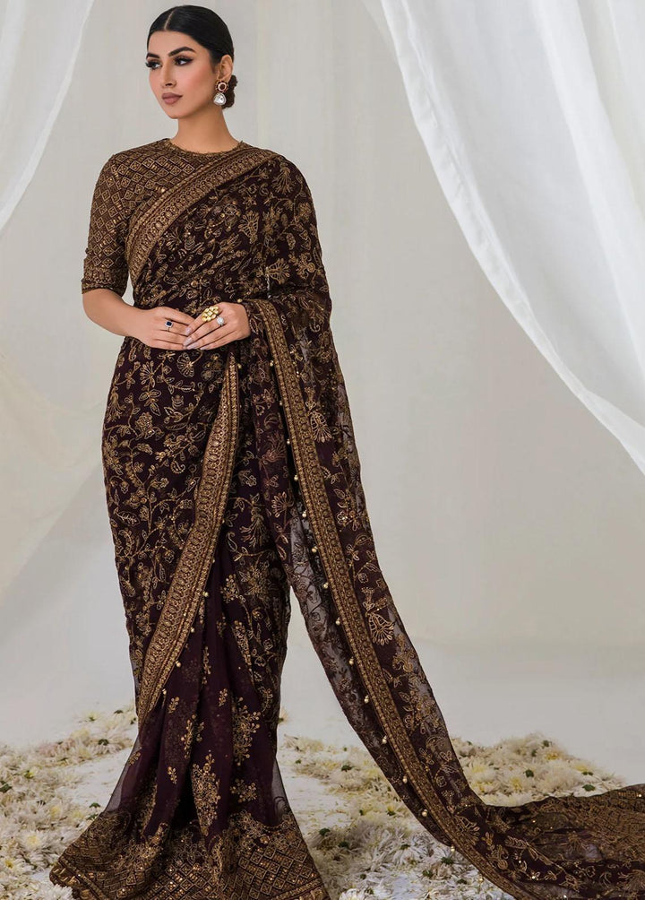 Jazmin Embroidered Chiffon Saree Unstitched JZ23E 05 Deep Dahlia - Exclusive Collection