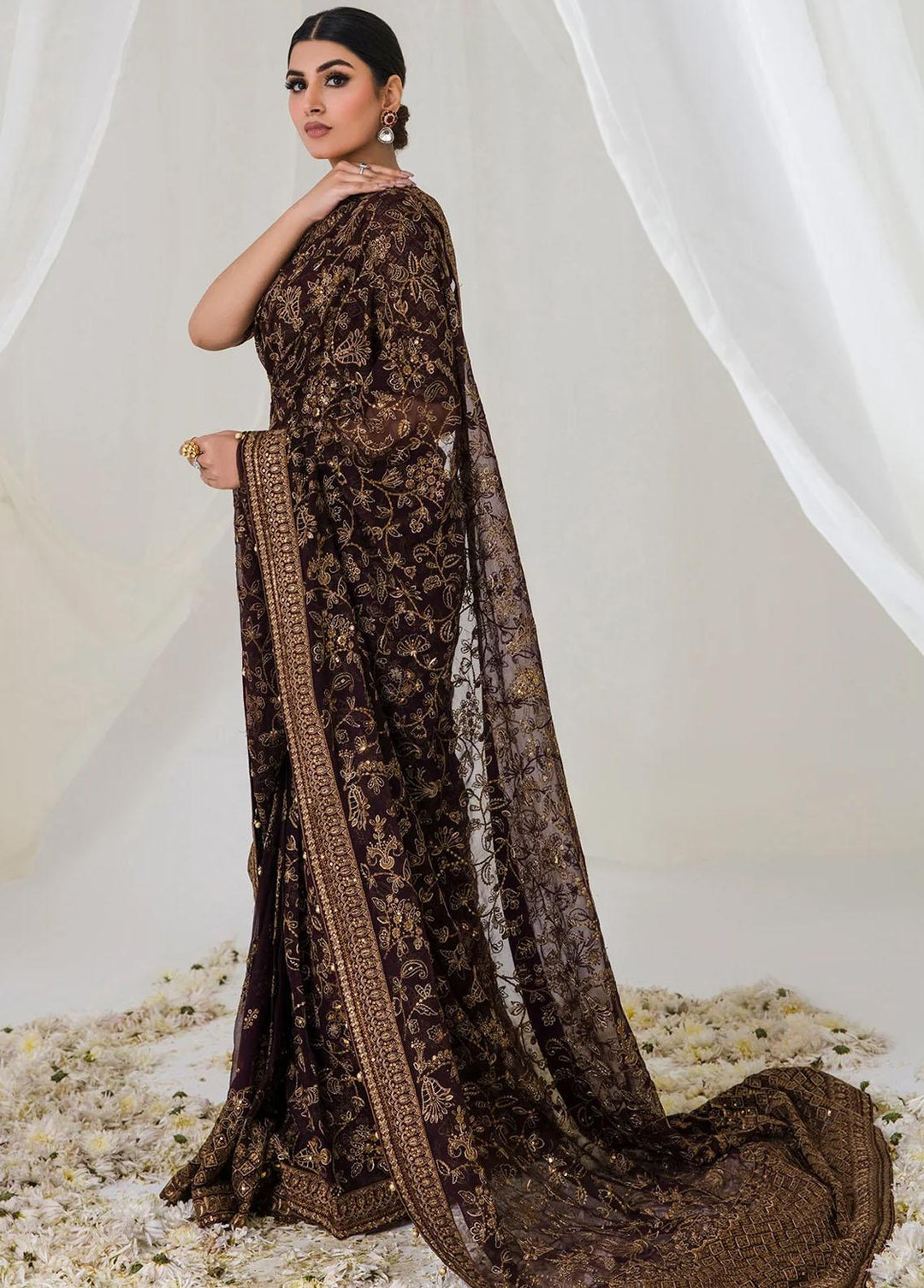 Jazmin Embroidered Chiffon Saree Unstitched JZ23E 05 Deep Dahlia - Exclusive Collection