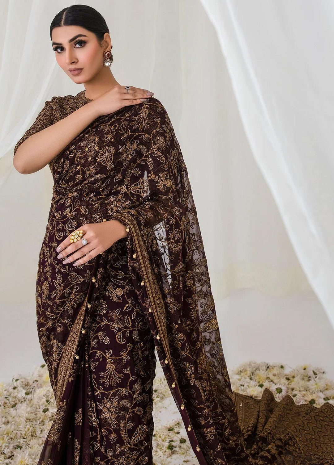 Jazmin Embroidered Chiffon Saree Unstitched JZ23E 05 Deep Dahlia - Exclusive Collection