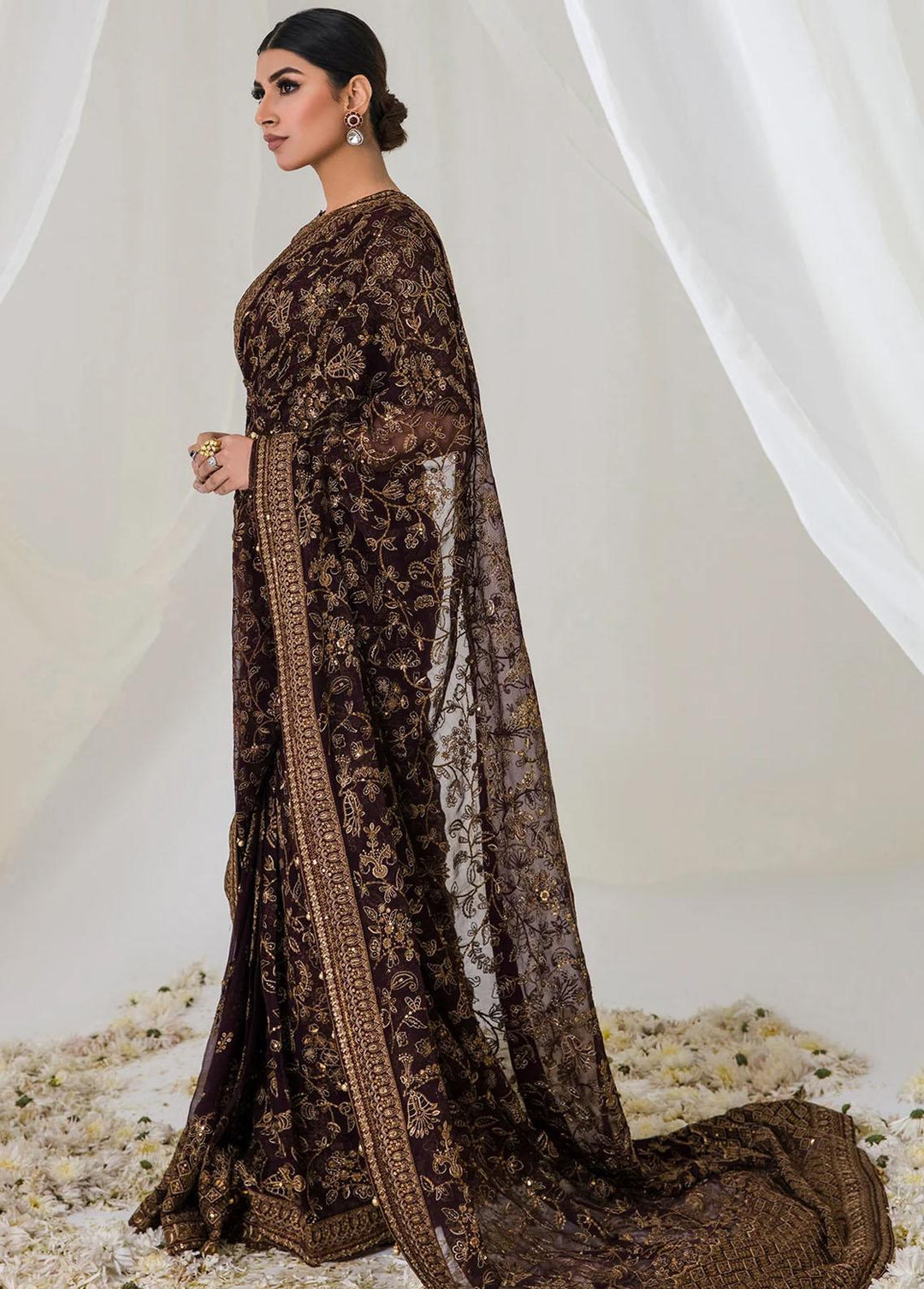 Jazmin Embroidered Chiffon Saree Unstitched JZ23E 05 Deep Dahlia - Exclusive Collection