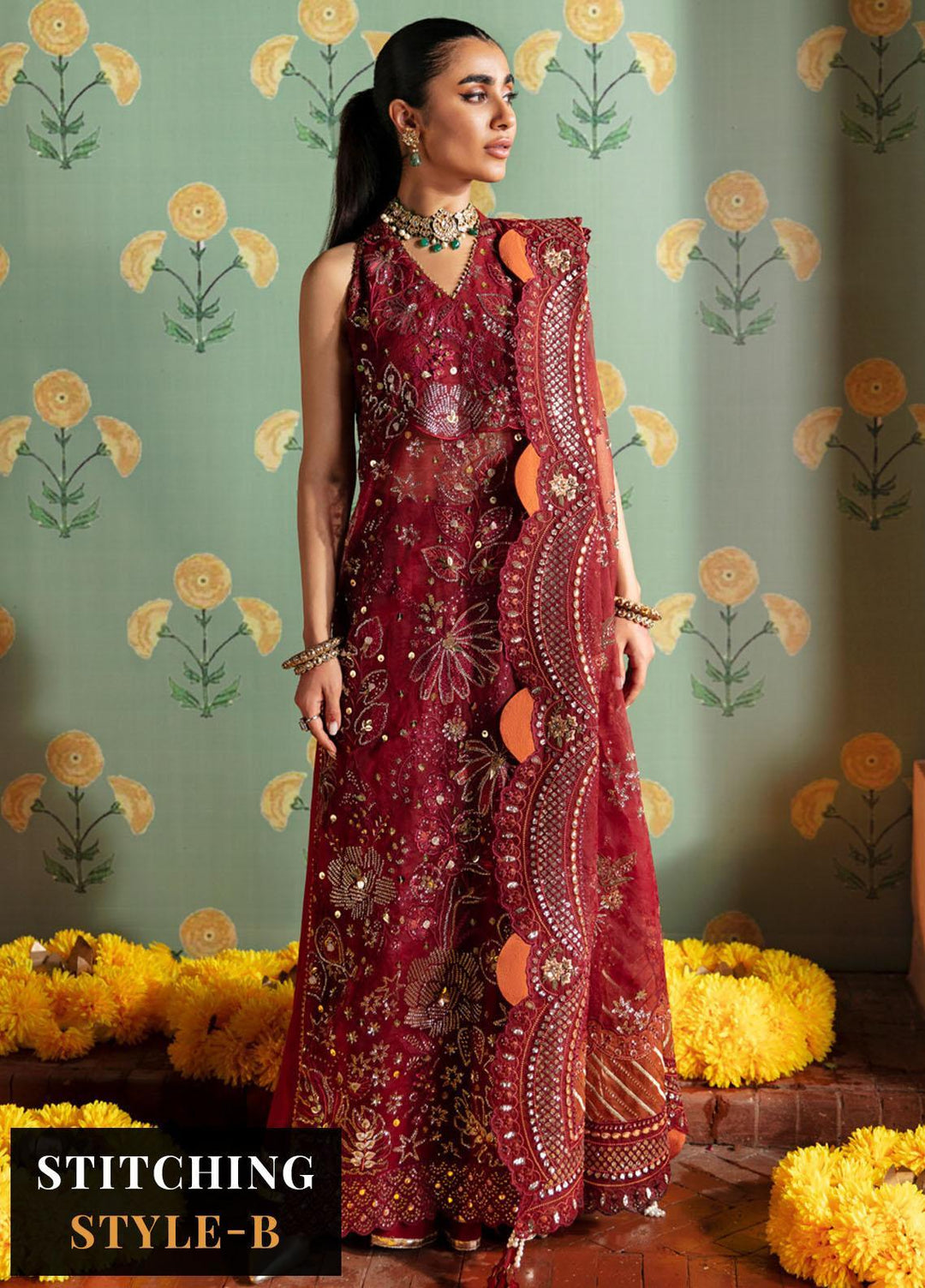 Jhoomro By Nureh Embroidered Organza Suits Unstitched 4 Piece NU23JH NL-53 Mahro - Luxury Formal Collection