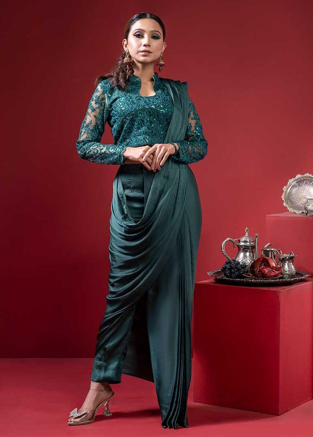 Jooray Kapray Pret Formal Net Saree JK23F Pant Sari Green