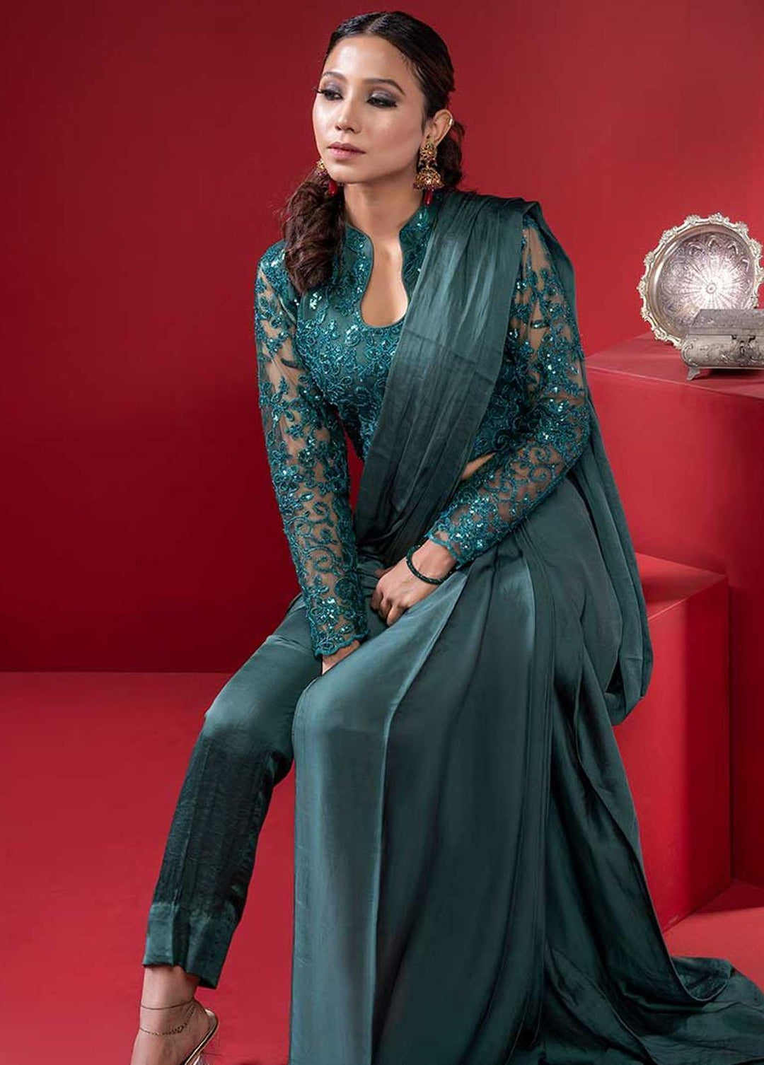 Jooray Kapray Pret Formal Net Saree JK23F Pant Sari Green