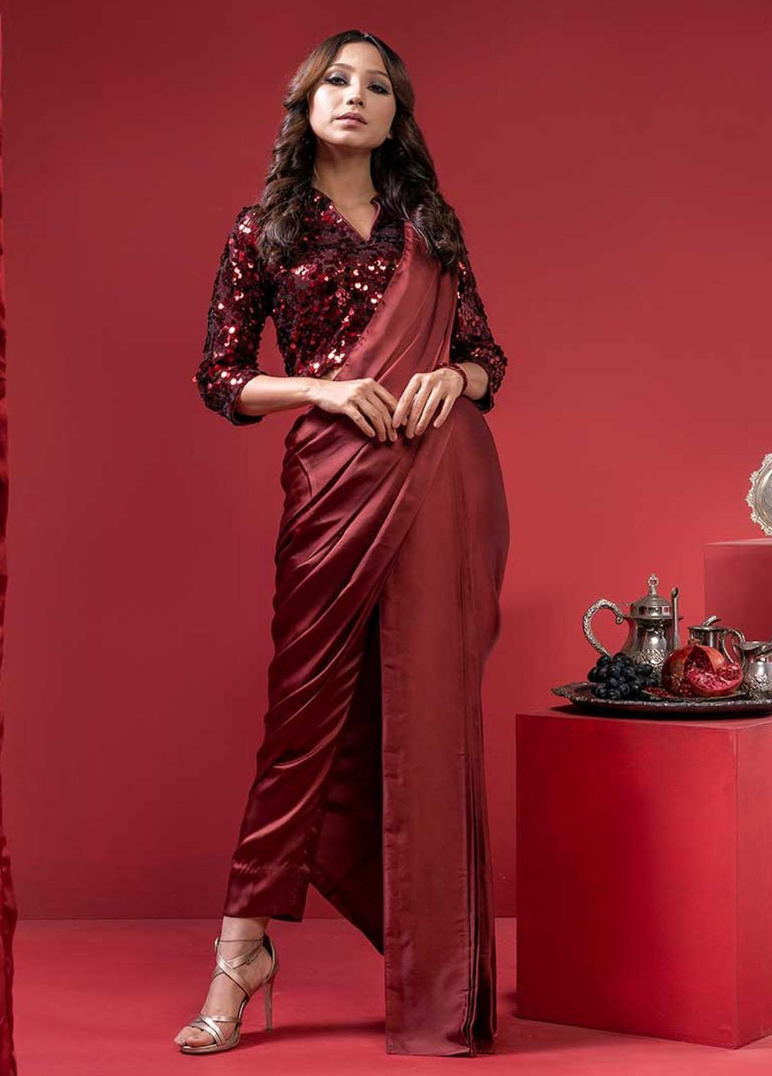 Jooray Kapray Pret Formal Net Saree JK23F Pant Sari Maroon
