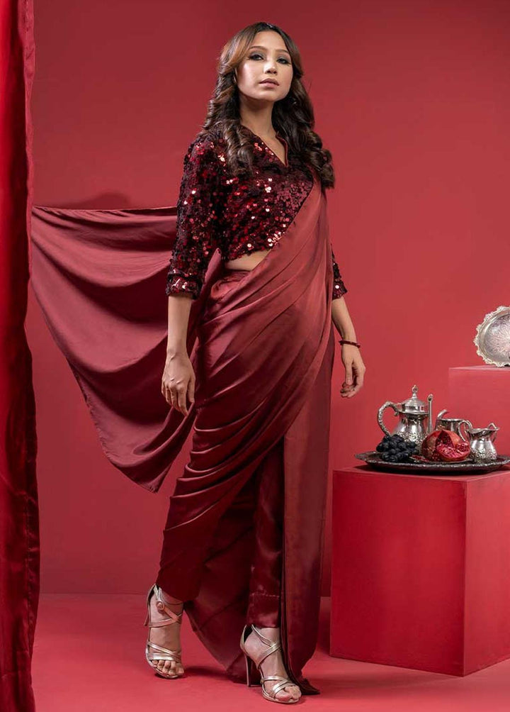 Jooray Kapray Pret Formal Net Saree JK23F Pant Sari Maroon
