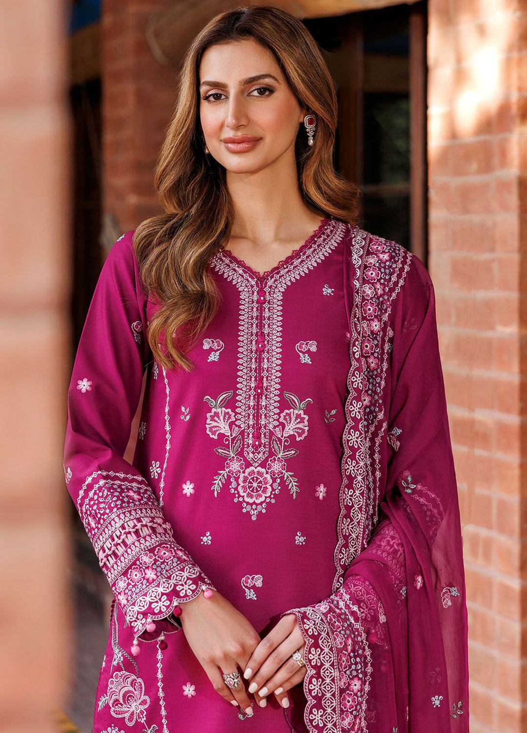 Kaavish By Farasha Embroidered Lawn Suits Unstitched 3 Piece FSH24K D-07 Rosy Somber - Festive Collection