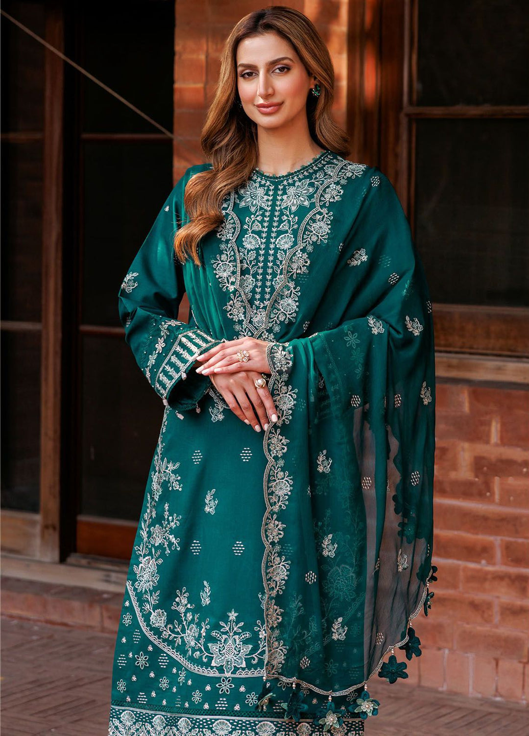 Kaavish By Farasha Embroidered Lawn Suits Unstitched 3 Piece FSH24K D-08 Teal Garland - Festive Collection