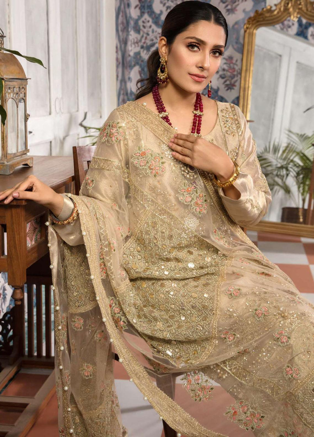 Kahf Premium Embroidered Tissue Suits Unstitched 3 Piece KHF22MW D-02 Dahlia - Luxury Wedding Collection