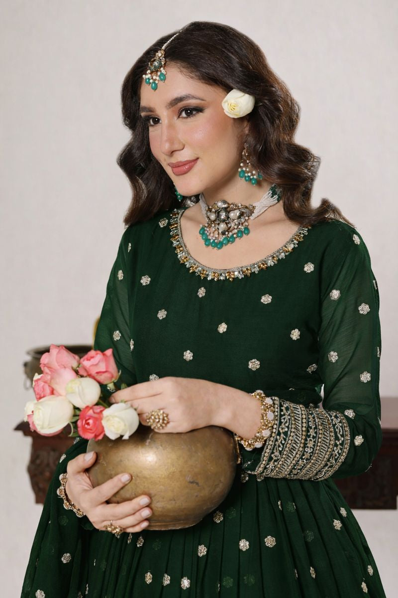 Unss Apparel Women Pret Embroidered Chiffon 3 piece suit Mayal Kai Green - Festive Collection