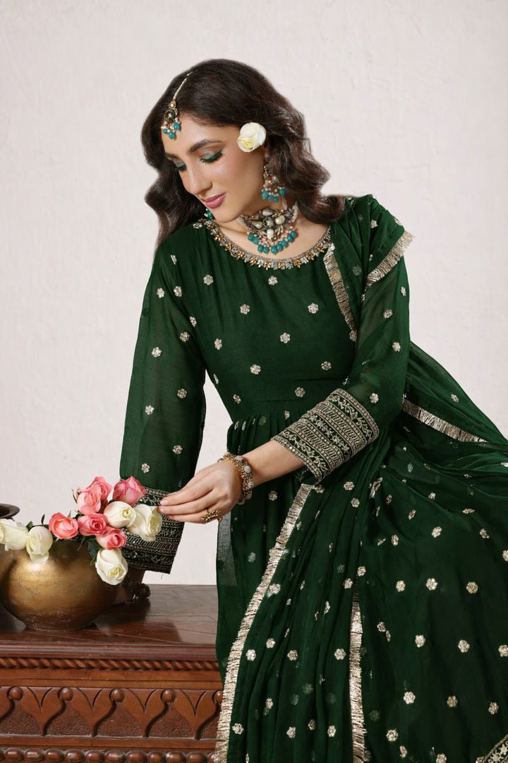 Unss Apparel Women Pret Embroidered Chiffon 3 piece suit Mayal Kai Green - Festive Collection