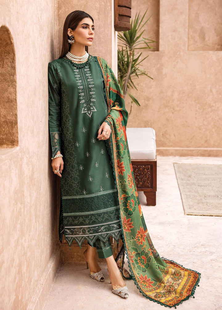 Kamari By Shazme Embroidered Lawn Suits Unstitched 3 Piece SHZ23K SH-03 Forest Green - Luxury Collection