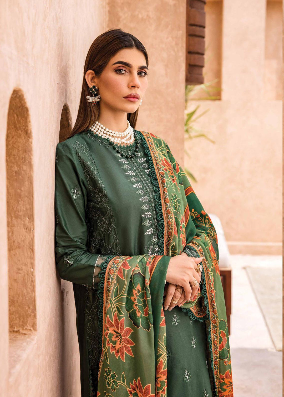 Kamari By Shazme Embroidered Lawn Suits Unstitched 3 Piece SHZ23K SH-03 Forest Green - Luxury Collection