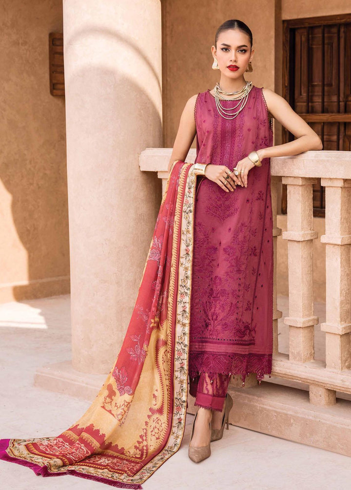 Kamari By Shazme Embroidered Lawn Suits Unstitched 3 Piece SHZ23K SH-05 Crimson Candy - Luxury Collection