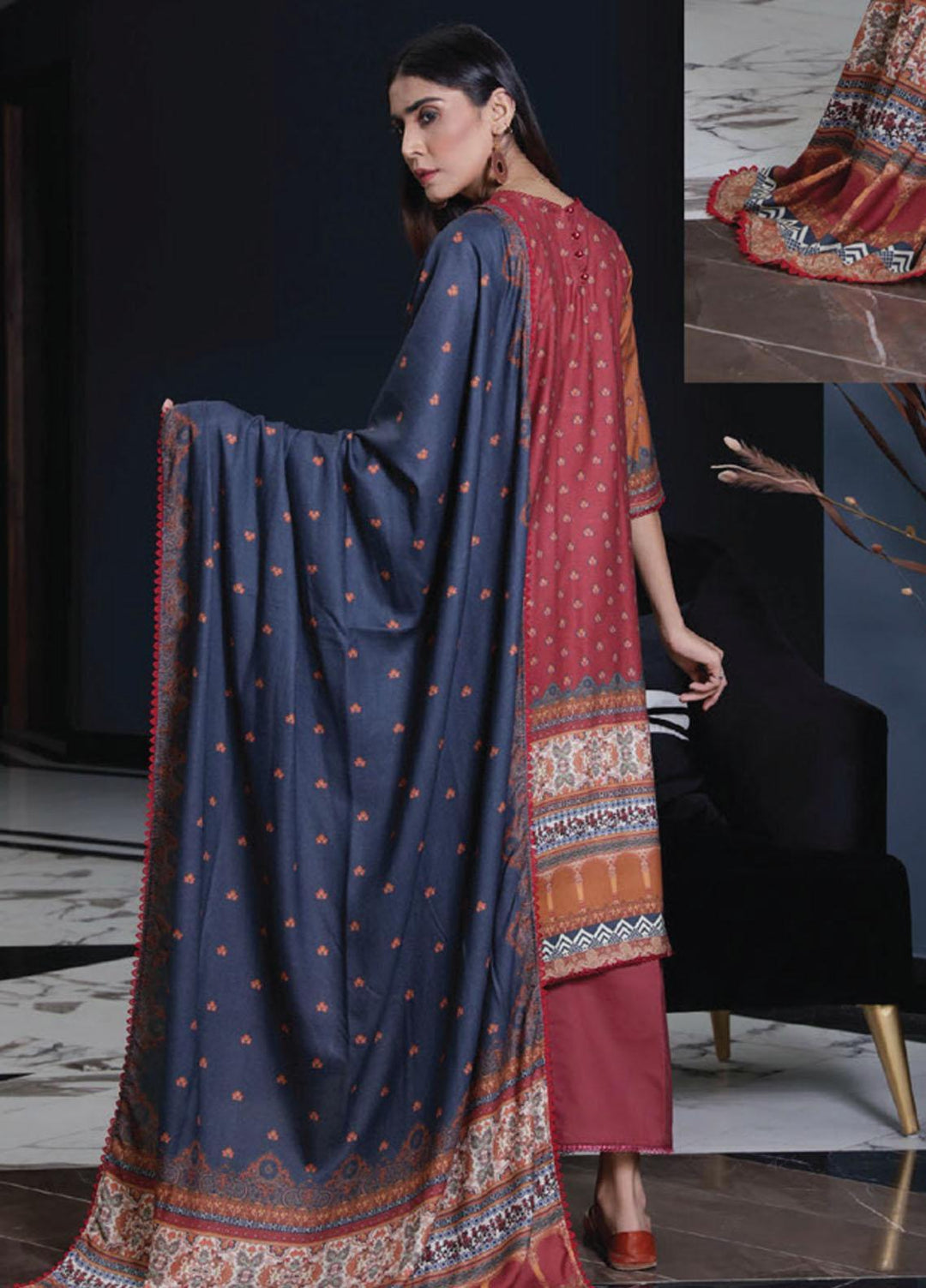 Kashaf By Humdum Printed Woolen Suits Unstitched 3 Piece HD23KF D-05 - Winter Collection