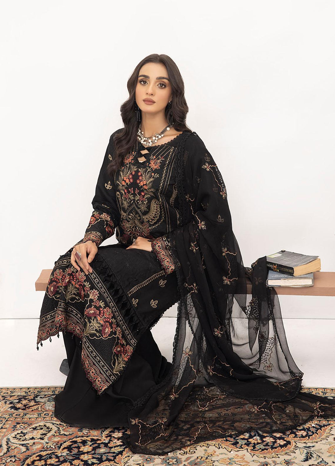 Kastoori By Awwal Embroidered Viscose Suits Unstitched 3 Piece AW23K-2 D-03 Noir - Winter Collection