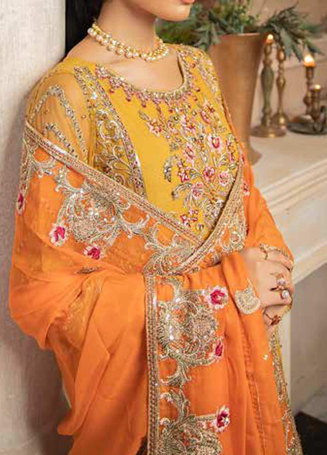 Mashq by Maryum N Maria Embroidered Net Unstitched 3 Piece Suit MNM20M 01 Kesari - Formal Collection