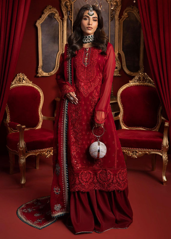 Khawab Deeda By Sahane Embroidered Chiffon Suits Unstitched 4 Piece SNE23KD KD-1105 Crimson - Formal Collection