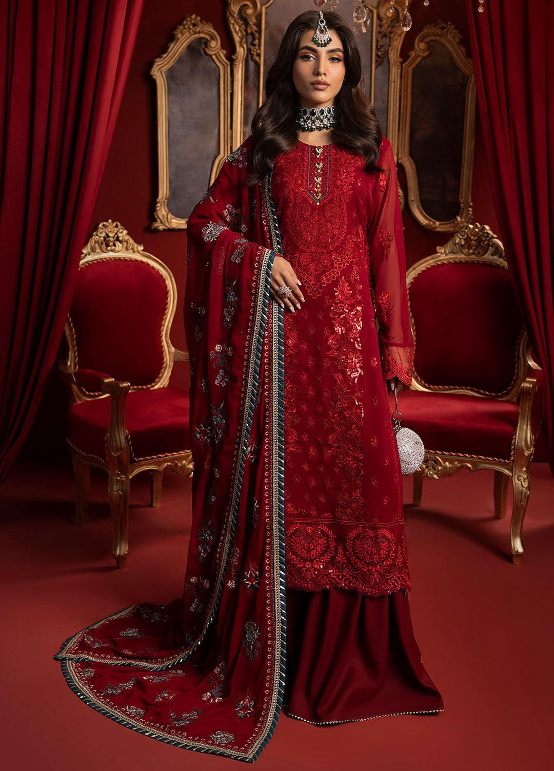 Khawab Deeda By Sahane Embroidered Chiffon Suits Unstitched 4 Piece SNE23KD KD-1105 Crimson - Formal Collection