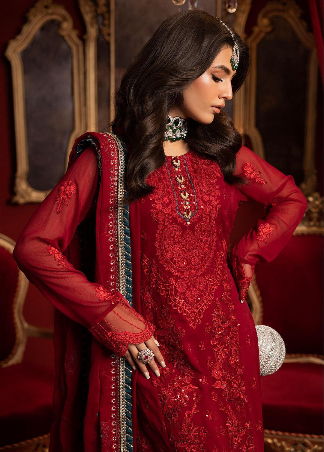 Khawab Deeda By Sahane Embroidered Chiffon Suits Unstitched 4 Piece SNE23KD KD-1105 Crimson - Formal Collection