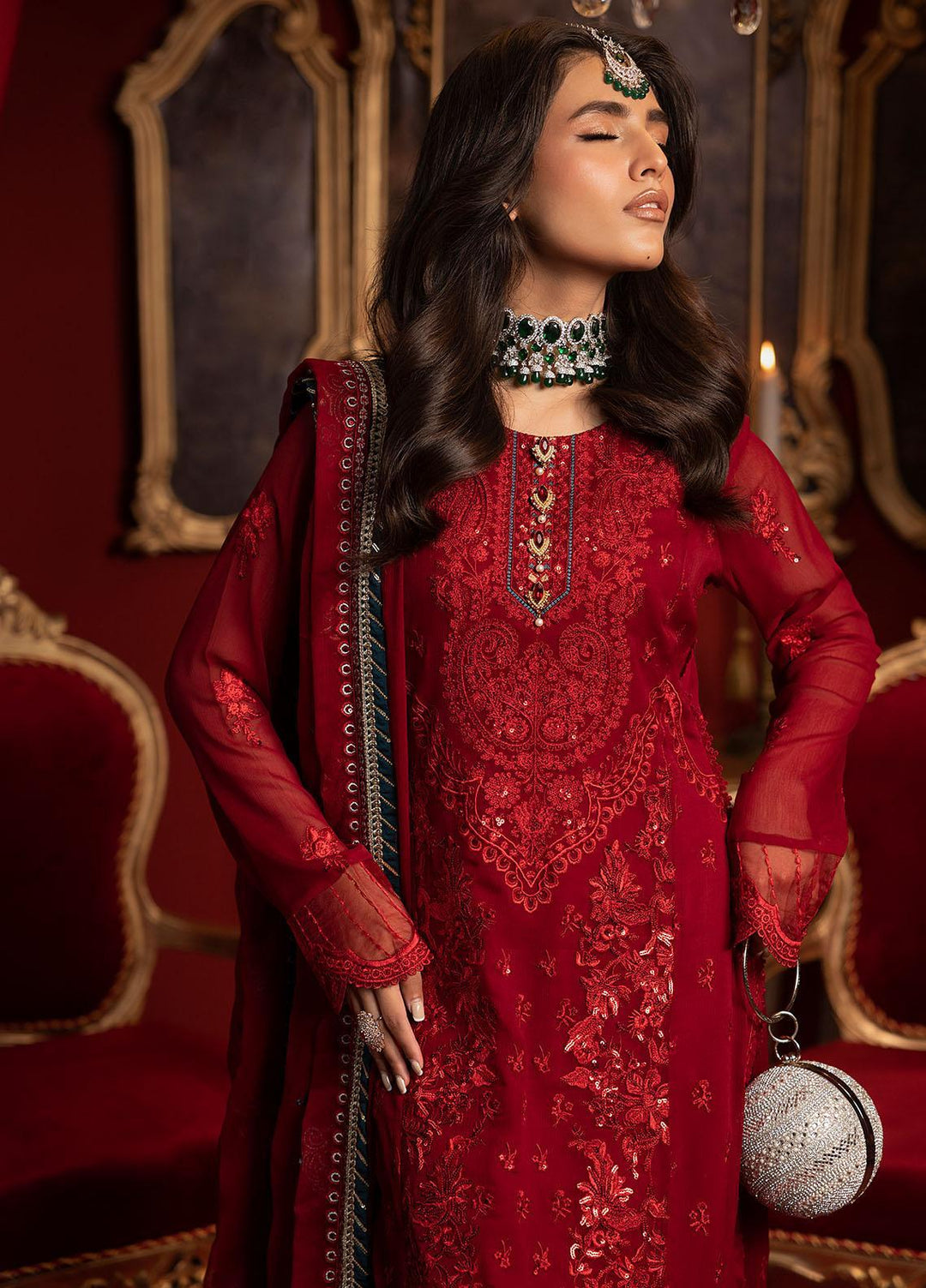 Khawab Deeda By Sahane Embroidered Chiffon Suits Unstitched 4 Piece SNE23KD KD-1105 Crimson - Formal Collection