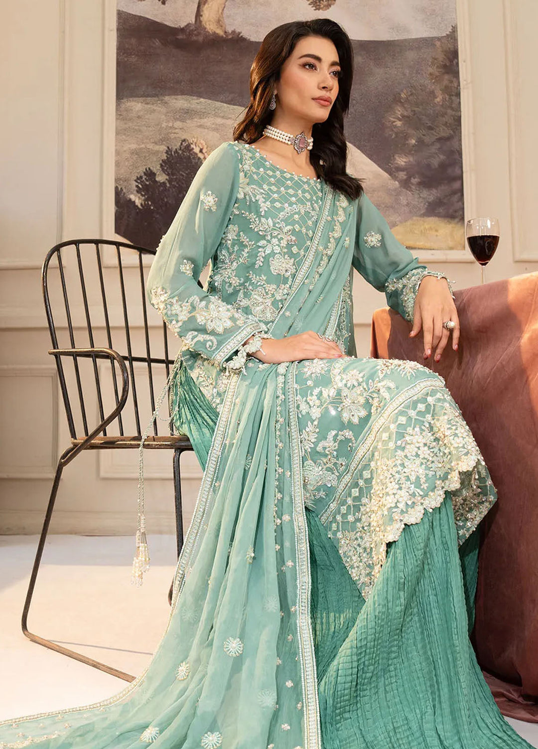 Khurshid Pret Embroidered Chiffon 3 Piece Suit Sage