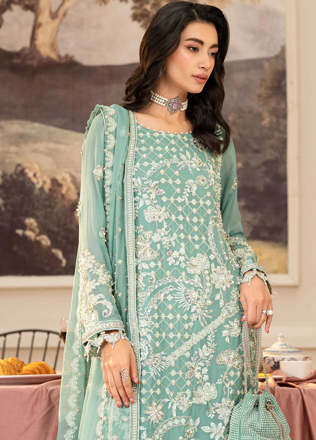 Khurshid Pret Embroidered Chiffon 3 Piece Suit Sage