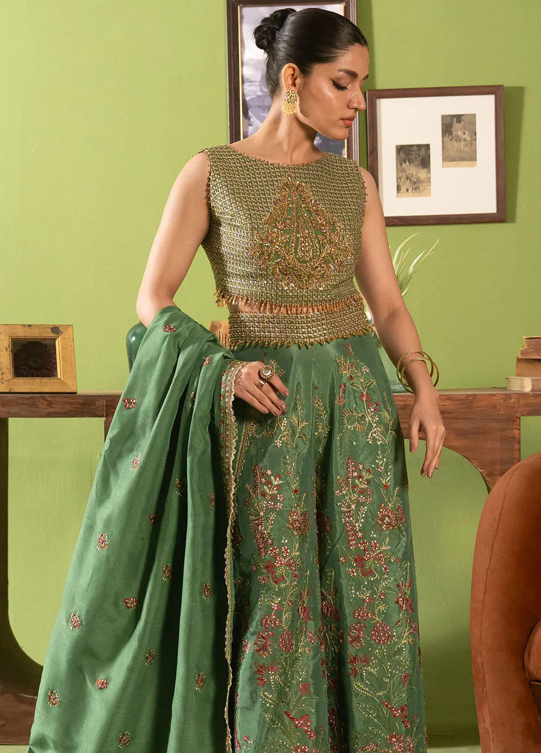 Khurshid Pret Embroidered Raw Silk 3 Piece Suit Ivy