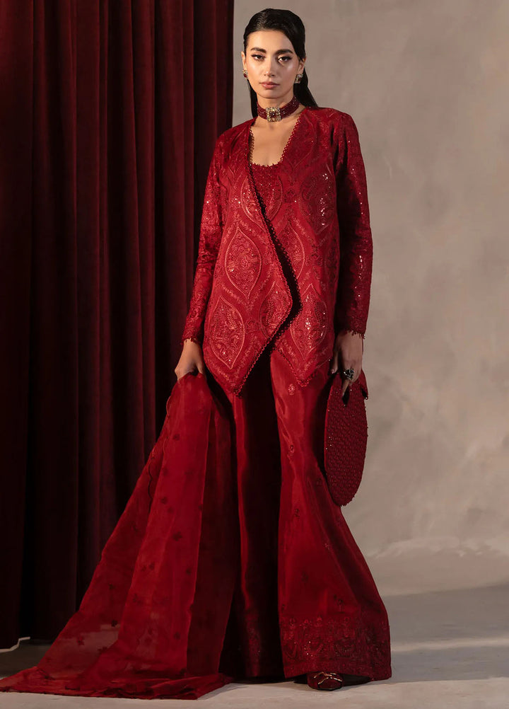Khurshid Pret Embroidered Raw Silk 3 Piece Suit Scarlet