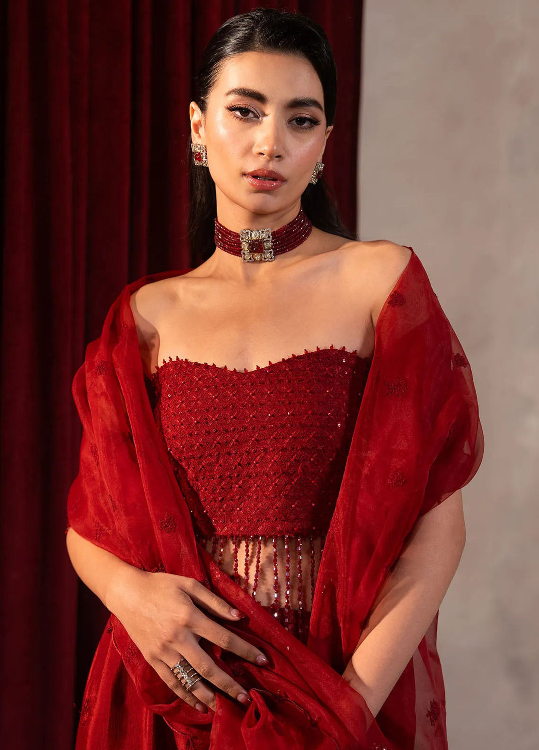 Khurshid Pret Embroidered Raw Silk 3 Piece Suit Scarlet