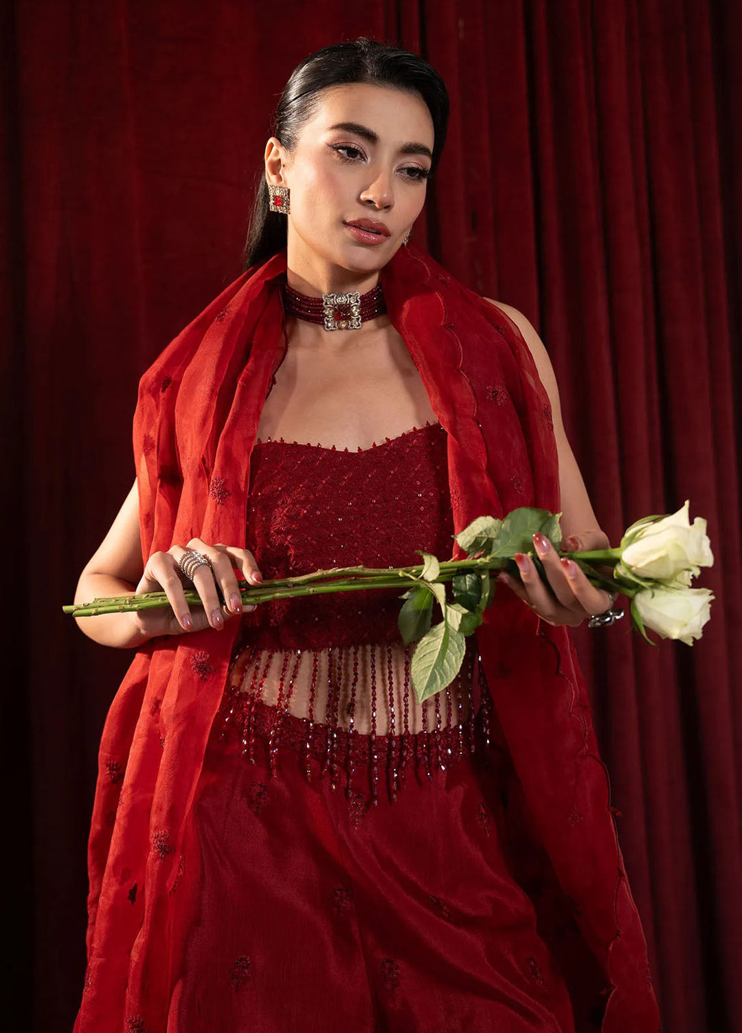 Khurshid Pret Embroidered Raw Silk 3 Piece Suit Scarlet