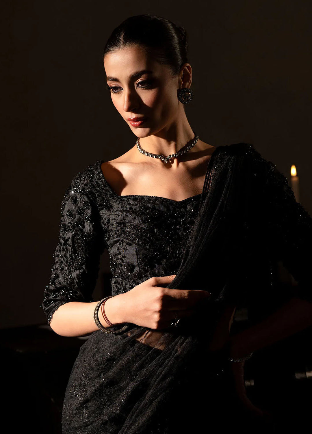 Khurshid Pret Embroidered Raw Silk Saree Onyx