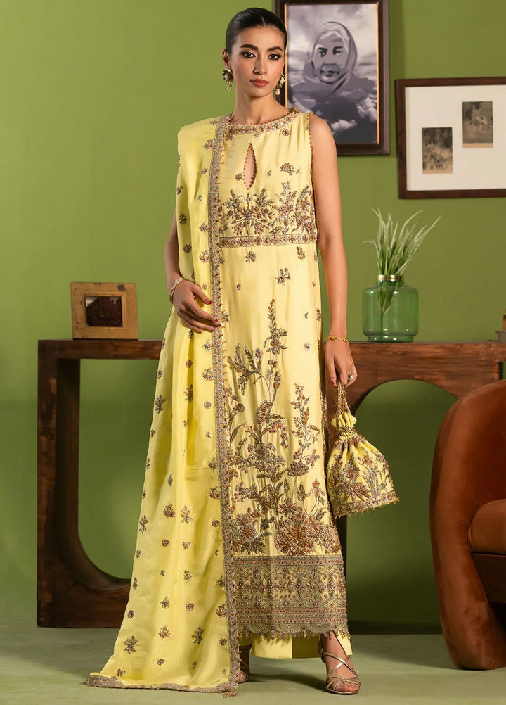 Khurshid Pret Embroidered Silk Cotton Net 3 Piece Suit Amber