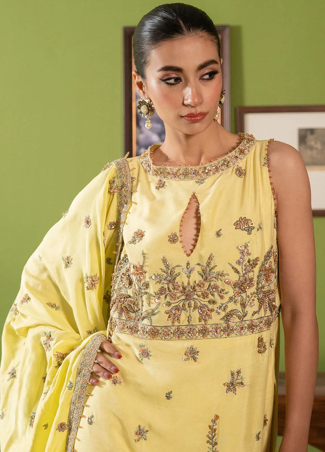 Khurshid Pret Embroidered Silk Cotton Net 3 Piece Suit Amber