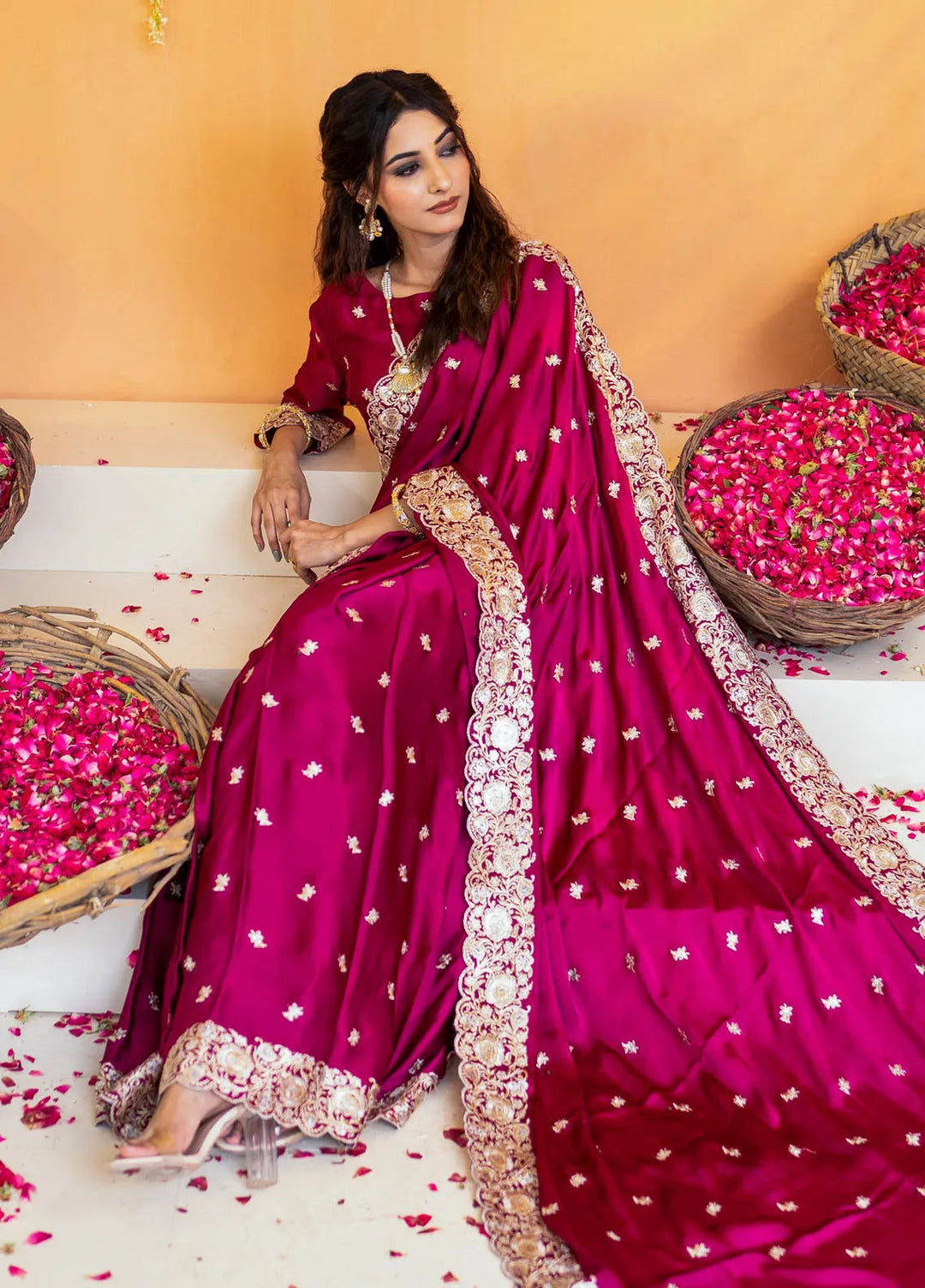 Khuwab by Kazma Pret Embroidered Charmeuse Silk Saree Ember