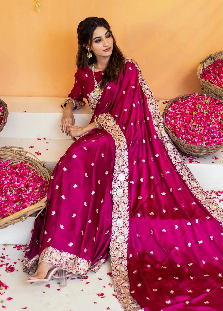 Khuwab by Kazma Pret Embroidered Charmeuse Silk Saree Ember