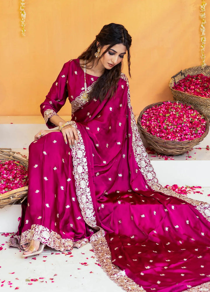 Khuwab by Kazma Pret Embroidered Charmeuse Silk Saree Ember