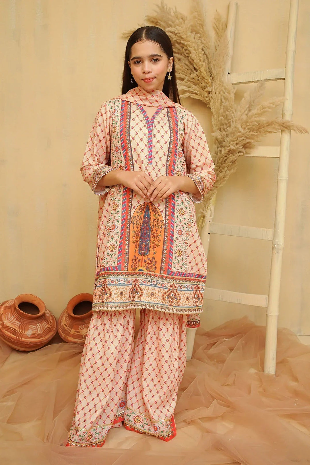 Ochre Girls Pret Printed Swiss Lawn 3 Piece Suit CORF-05 - Summer Collection