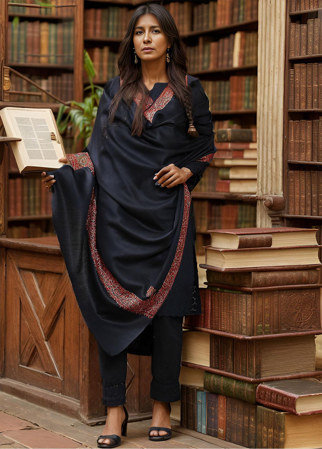 Sanaulla Exclusive Range  Pashmina  KPS 781 D-06 Black - Women Shawls