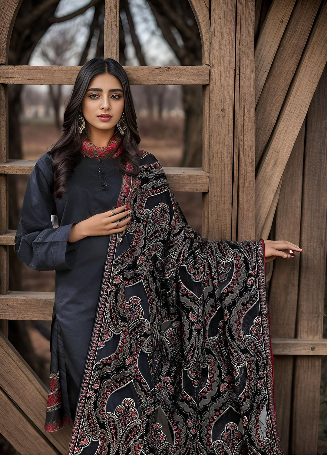 Sanaulla Exclusive Range  Pashmina  KPS 781 D-47 Black - Women Shawls