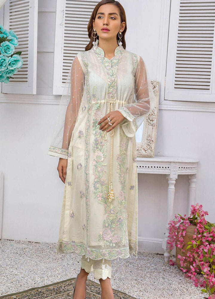 Kross Kulture Luxury Pret Embroidered Net Shirt KX-21139 Cream