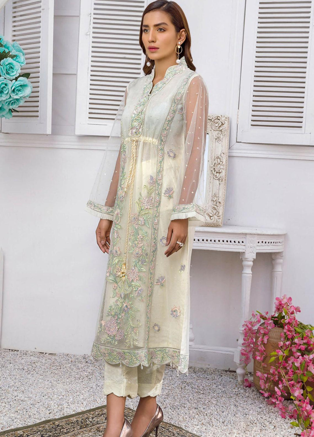 Kross Kulture Luxury Pret Embroidered Net Shirt KX-21139 Cream