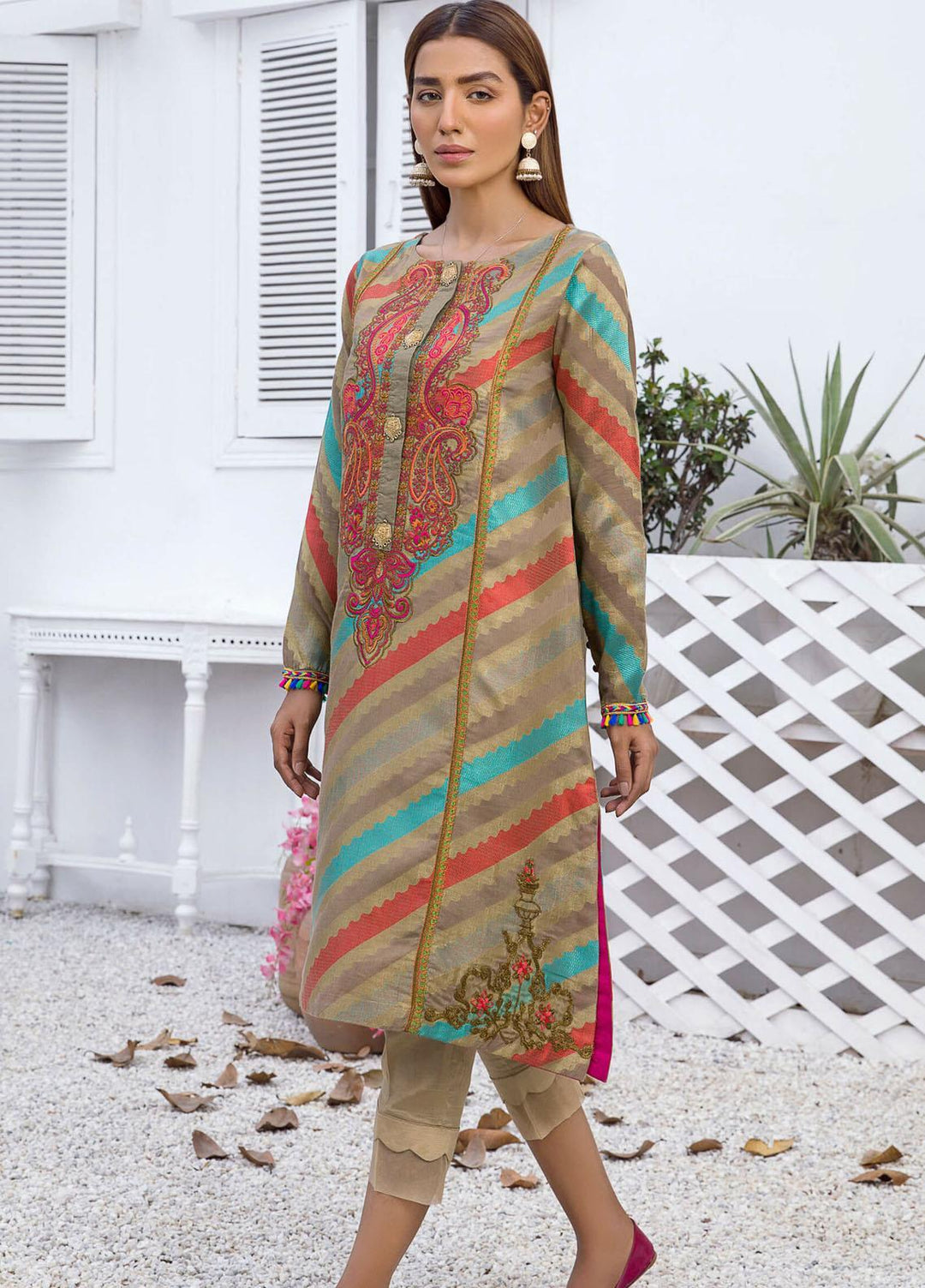 Kross Kulture Luxury Pret Embroidered Jacquard Shirt KX-21214 Brown