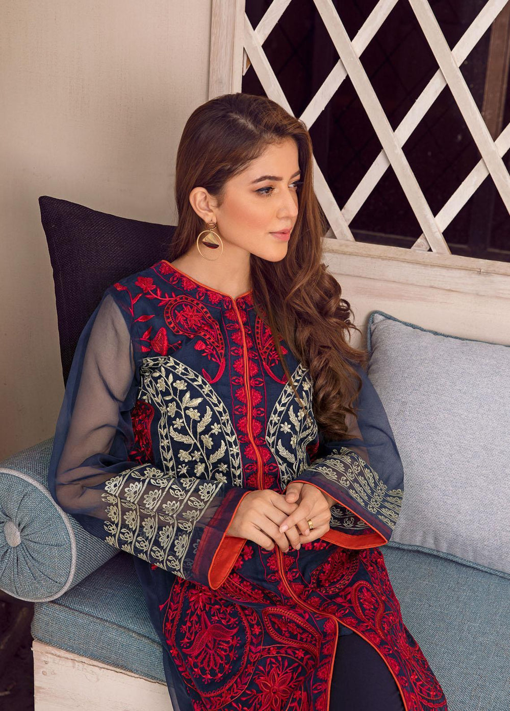 Kross Kulture Luxury Pret Embroidered Organza Shirt KX-21264 Navy