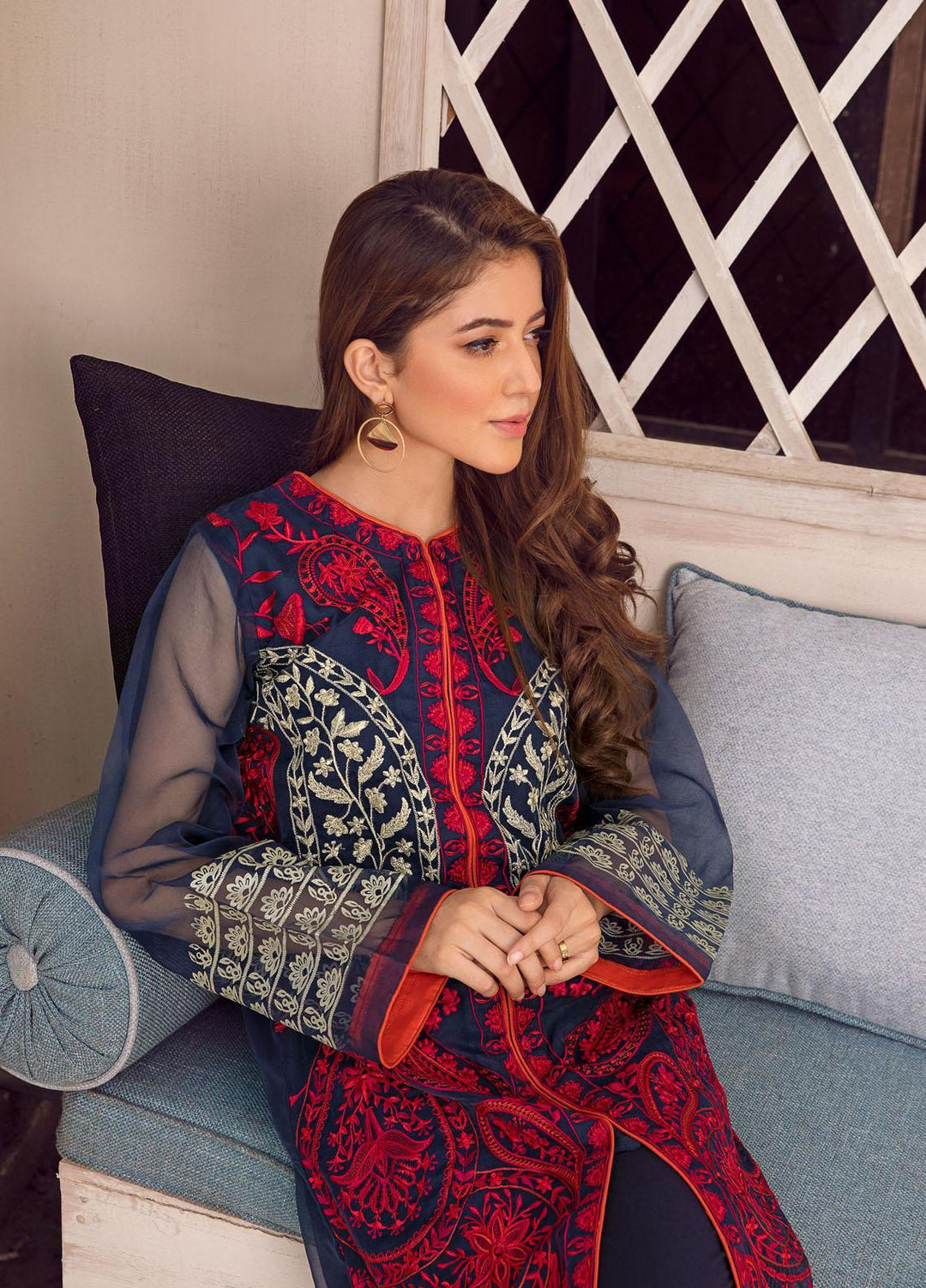 Kross Kulture Luxury Pret Embroidered Organza Shirt KX-21264 Navy